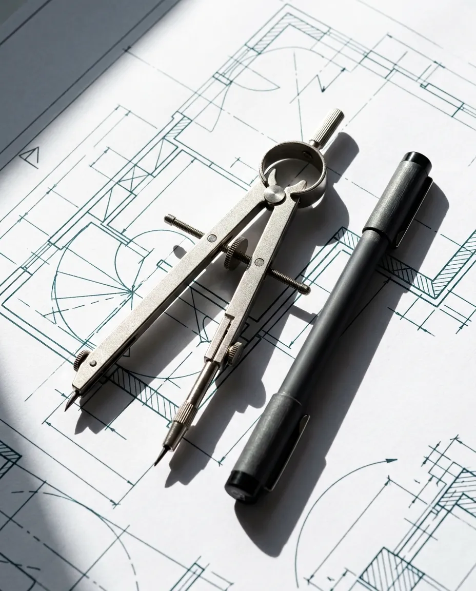 Compás y lápiz de dibujo técnico sobre un plano